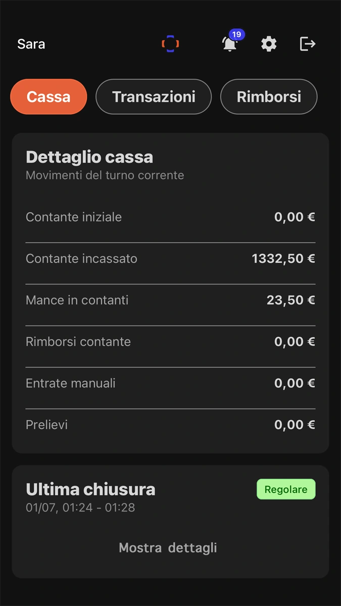 Schermata app Tabomenu per la gestione della cassa