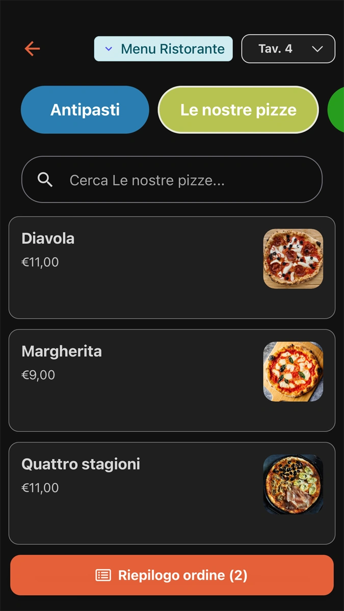 Schermata app Tabomenu per il riepilogo degli ordini