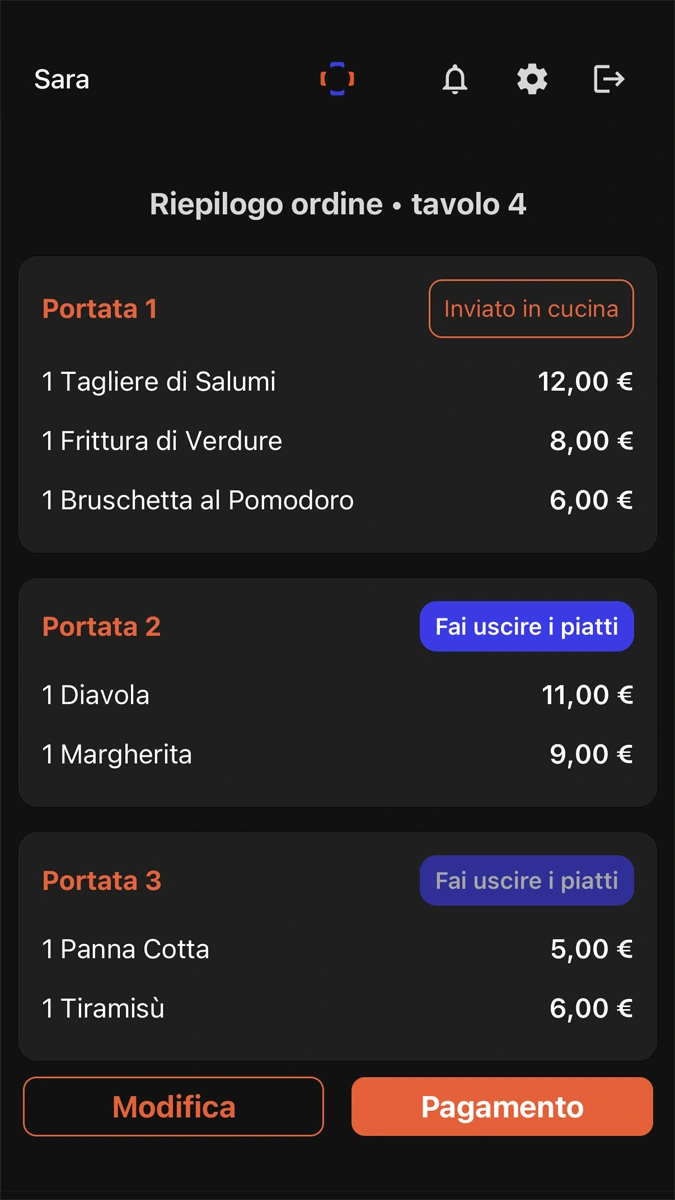 Schermata app Tabomenu per la gestione della sala