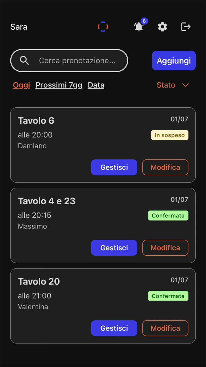 Schermata app Tabomenu per la gestione delle prenotazioni